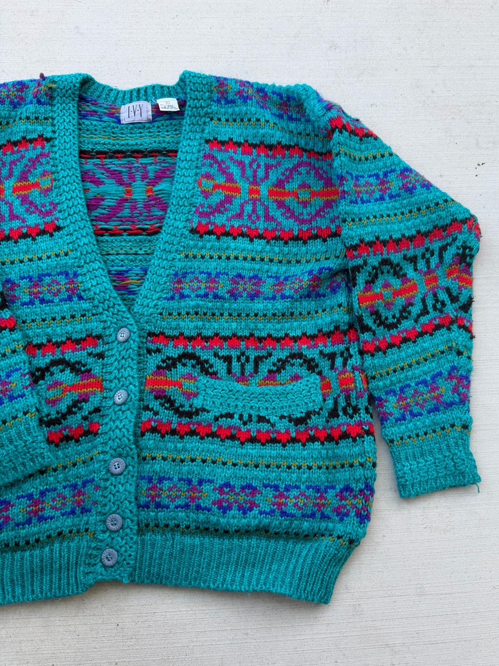 Vintage Turquoise Patterned Button-Up Cardigan Sweater